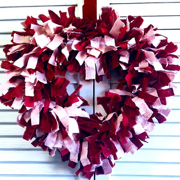 Hand Crafted Pink Maroon Wine Rag Heart Wreath, Shabby Chic, Valentine's Day 15" - Picture 1 of 7
